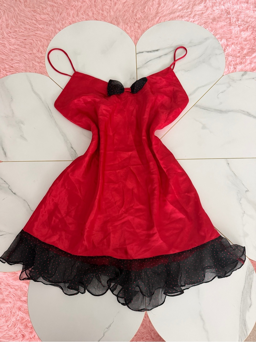 Y2K red‎ Satin & Black Mesh Trim slip dress  polka dot